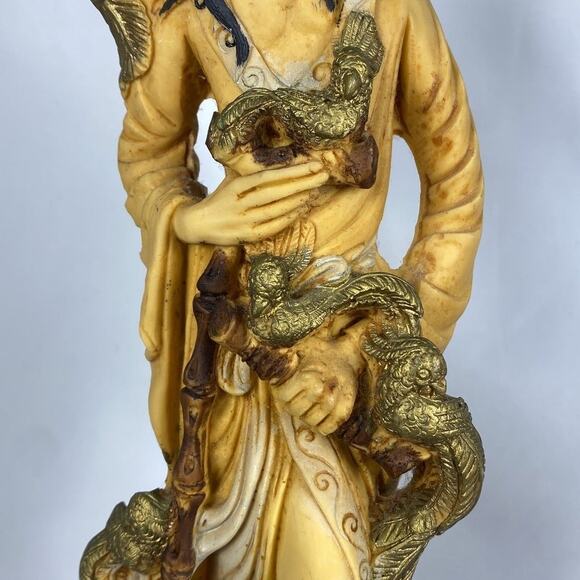 Vintage Asian Man Phoenix Birds Hand Carved Solid Resin Sculpture - Picture 4 of 9